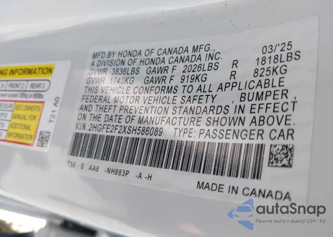 2025 Honda Civic Lx z USA, uszkodzony, nr VIN 2HGFE2F2XSH586089